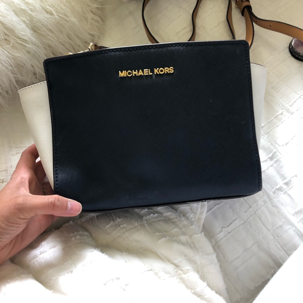 Michael Kors Navy Blue White and Tan Leather Purse